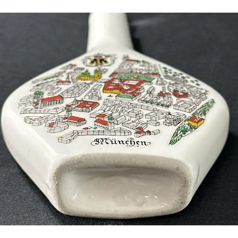München Germany Ceramic Decanter Bottle with Map Design & Glass Stopper 6”